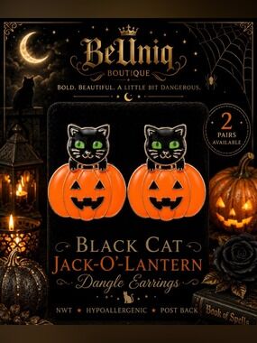 🐈‍⬛ NWT Black Cat Jack-O’-Lantern Dangle Earrings | Halloween Pumpkin